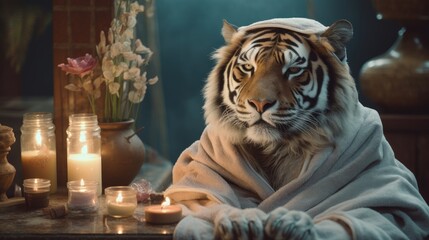 A tiger having a spa day with a mask and a scented candle