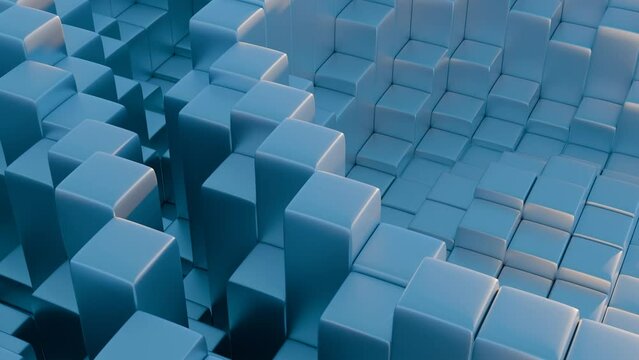 Stylized, geometric shapes forming a simplified blockchain..	