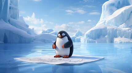 Penguin sitting on the ice and writing poetry about his adventures