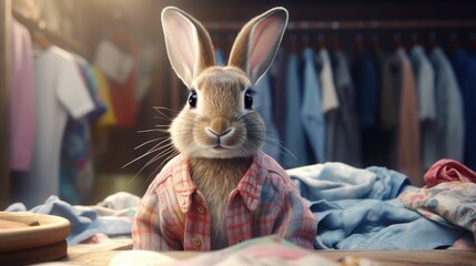 A bunny creating his own brand of clothing with bunny patterns - obrazy, fototapety, plakaty
