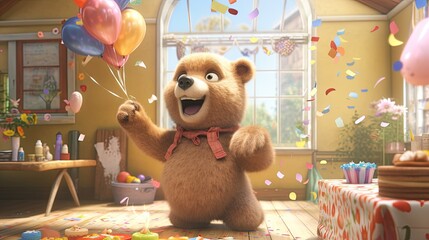 A bear participating in a children's party with animators