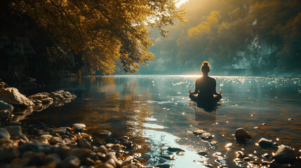 A woman meditating in a serene natural setting, on a river, surrounded by water