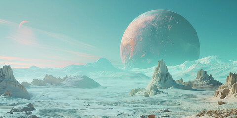 Alien planet fantasy landscape space background. Sci-fi horizontal poster. Science fiction digital raster bitmap illustration. Horizontal format wallpaper. AI artwork.