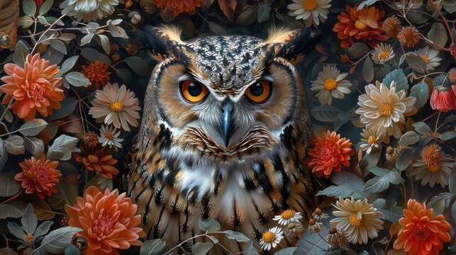 a painting of an owl sitting on a branch surrounded by wildflowers and orange and white flowers on a black background.