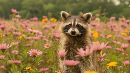 a raccoon standing in the middle of a field of pink and yellow flowers with trees in the background.