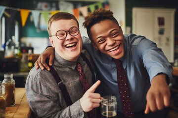 boyswith Down syndrome hugs best friend in school  friends with trisomy 21 Inclusion concept
