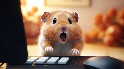 A hamster sitting at a computer and creating his own animated film