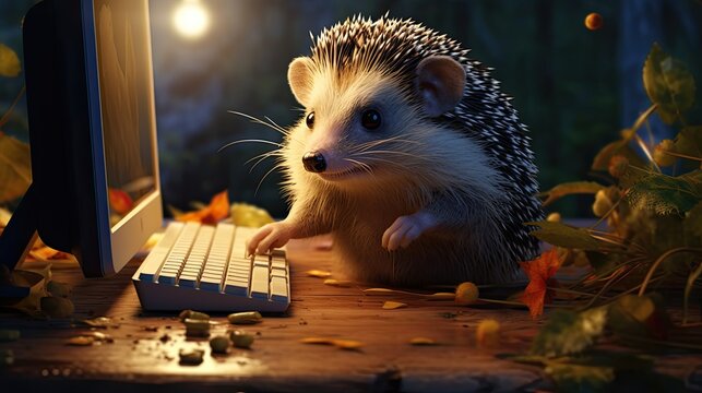 A hedgehog sitting at a computer and working on his blog
