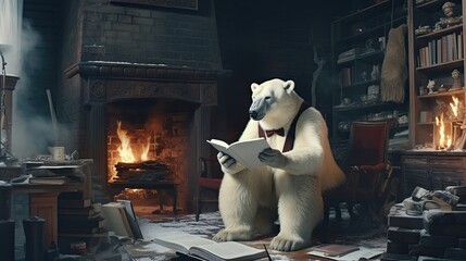 A polar bear standing in front of a fireplace and writing his memoirs - obrazy, fototapety, plakaty