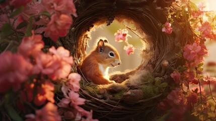 A squirrel creating a cozy nest and decorating it with flowers
