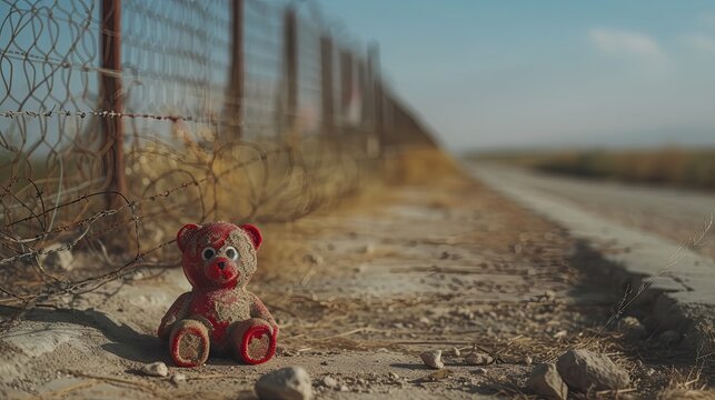 A lonely teddy bear sits beside yellow wildflowers on a deserted country road with a wire fence under a cloudy sky.