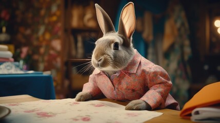 A bunny creating his own brand of clothing with bunny patterns - obrazy, fototapety, plakaty