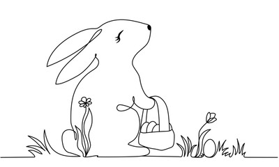 Continuous line drawing of Easter bunny with basket and easter egg on the meadow with flowers and herbs. Egg hunt outline drawing gritting card, flyer, banner, border, frame.