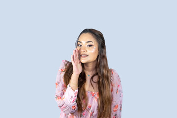 Fototapeta premium Nepalese Indian Bridesmaid Fairy Cosplay Girl Giving Several Gestures and Expressions of Pointing