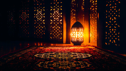 A beautifully captured photograph of an Islamic-themed room with a dark background