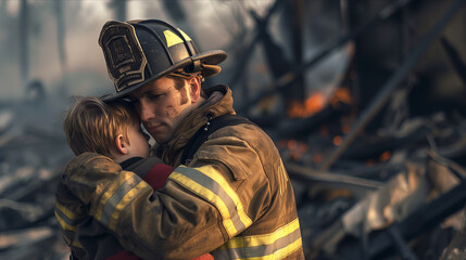 Fototapeta premium A Caucasian male firefighter carries a young boy in a fire disaster area.