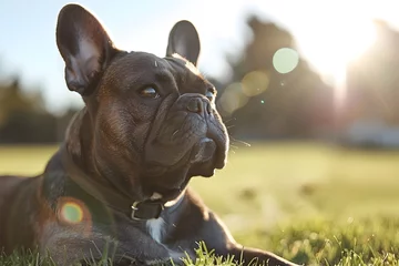 Fotobehang French Bulldog Relaxing on Grass in Sunlight © vanilnilnilla