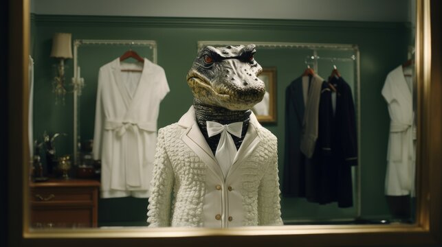 A crocodile standing in front of a mirror and trying on various fashionable outfits