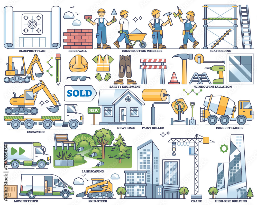 Poster constructing and residential development with building outline collection set. labeled elements with