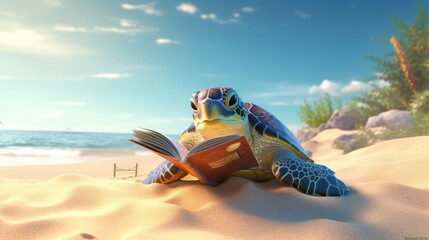 Fototapeta na wymiar Turtle sitting on the beach reading a romantic novel