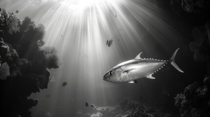  a black and white photo of a fish in a coral reef with sunbeams and fish in the background.
