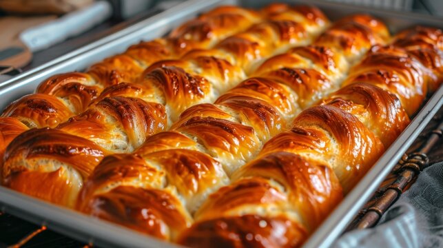  a close up of a pastry in a pan on a baking rack with other baking utensils in the background.
