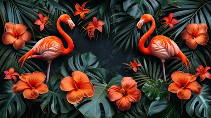 a group of pink flamingos surrounded by tropical leaves and flowers on a black background with orange flowers and green leaves.
