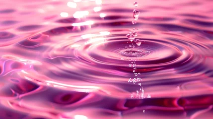 Fotobehang  a close up of a water drop in a pool of water with a pink hued background and a drop of water coming out of the top of the water. © Ilona