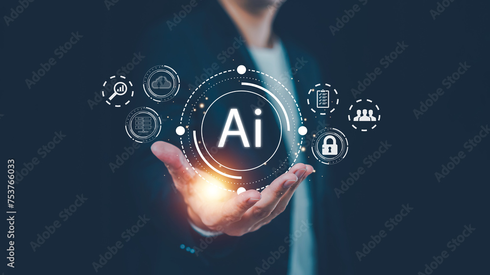 Poster artificial intelligence technology, businessman show virtual graphic ai robot interface