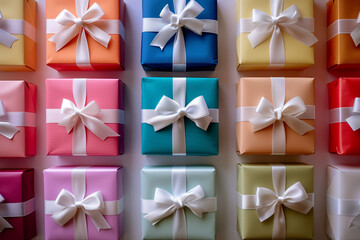 A captivating central composition of multi-sized, rainbow-colored gift boxes with elegant white bows. AI Generated