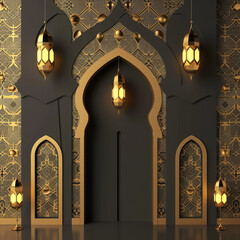 Luxurious Ramadan celebration with an Islamic architecture background in a light black and bronze style. Featuring luxurious wall hangings, light beige and yellow accents, charismatic elements, award-