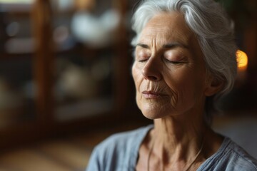 Portrait of elderly woman sits in the lotus position meditating in a yoga studio. Mental and spiritual health development at any age	
