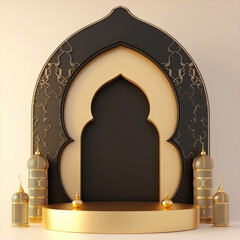 Luxurious Ramadan celebration with an Islamic architecture background in a light black and bronze style. Featuring luxurious wall hangings, light beige and yellow accents, charismatic elements, award-