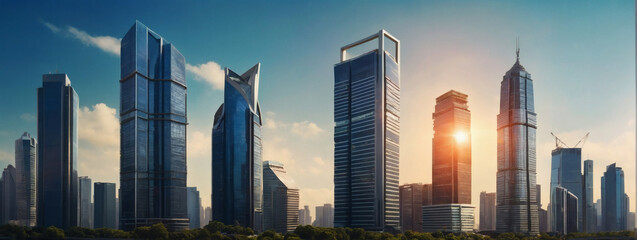 Contemporary smart city skyline with modern skyscrapers and warm sunlight against a calming blue backdrop perfect for corporate templates. - obrazy, fototapety, plakaty