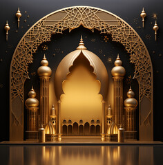 Luxurious Ramadan celebration with an Islamic architecture background in a light black and bronze style. Featuring luxurious wall hangings, light beige and yellow accents, charismatic elements, award-