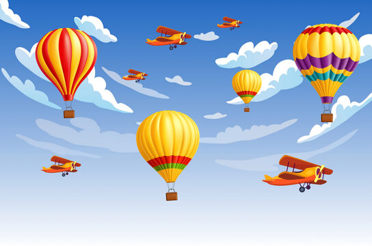 children's picture mountains, balloons and airplanes for digital printing wallpaper, custom design wallpaper
