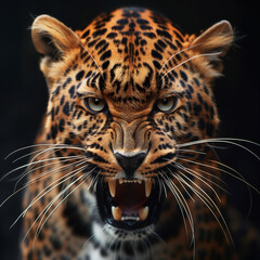 Obraz premium close up portrait of an angry leopard on a black background 