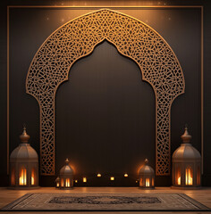 Luxurious Ramadan celebration with an Islamic architecture background in a light black and bronze style. Featuring luxurious wall hangings, light beige and yellow accents, charismatic elements, award-