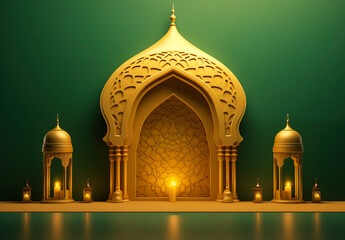 Luxurious Ramadan celebration with an Islamic architecture background in a light black and bronze style. Featuring luxurious wall hangings, light beige and yellow accents, charismatic elements, award-