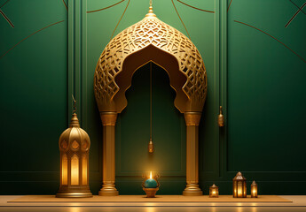 Luxurious Ramadan celebration with an Islamic architecture background in a light black and bronze style. Featuring luxurious wall hangings, light beige and yellow accents, charismatic elements, award-