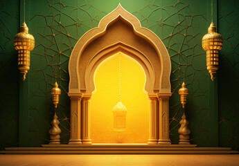 Luxurious Ramadan celebration with an Islamic architecture background in a light black and bronze style. Featuring luxurious wall hangings, light beige and yellow accents, charismatic elements, award-