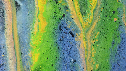 Shimmering liquid background. Sparkling fluid. Acrylic paint motion. Blue stream of wet pigment on...