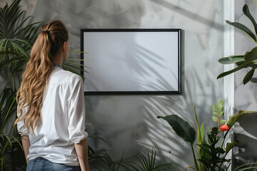 Fototapeta na wymiar Beautiful female model standing at side and hanging a black horizontal frame on a contemporary neutral colors living room wall. AI Generated