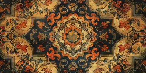 Timeless 17th Century Baroque Textile Print from Spain, Featuring Geometric Patterns in a Vintage Color Palette.