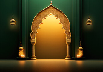 Luxurious Ramadan celebration with an Islamic architecture background in a light black and bronze style. Featuring luxurious wall hangings, light beige and yellow accents, charismatic elements, award-