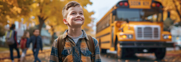 A Caucasian male schoolboy carrying a backpack is traveling on a school bus.
