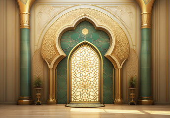 Luxurious Ramadan celebration with an Islamic architecture background in a light black and bronze style. Featuring luxurious wall hangings, light beige and yellow accents, charismatic elements, award-