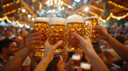 A joyful group of friends toasting with large beer mugs at an evening Oktoberfest celebration.