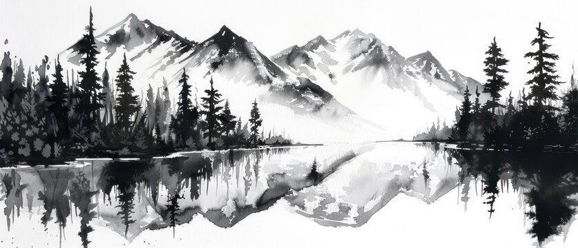 Mountain Serenity. Capturing the Tranquil Beauty of Nature with a Black and White Ink Painting Featuring Majestic Mountains, Towering Trees, and a Reflective Lake.