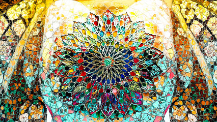 A stunning photo of a vibrant and intricate Islamic mosaic wall, showcasing a colorful blend of geometric patterns and floral motifs